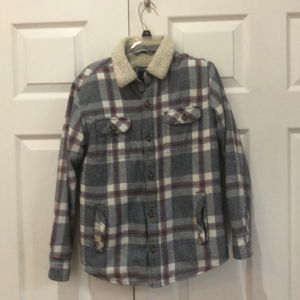Boys soft cream fleece lined plaid jacket